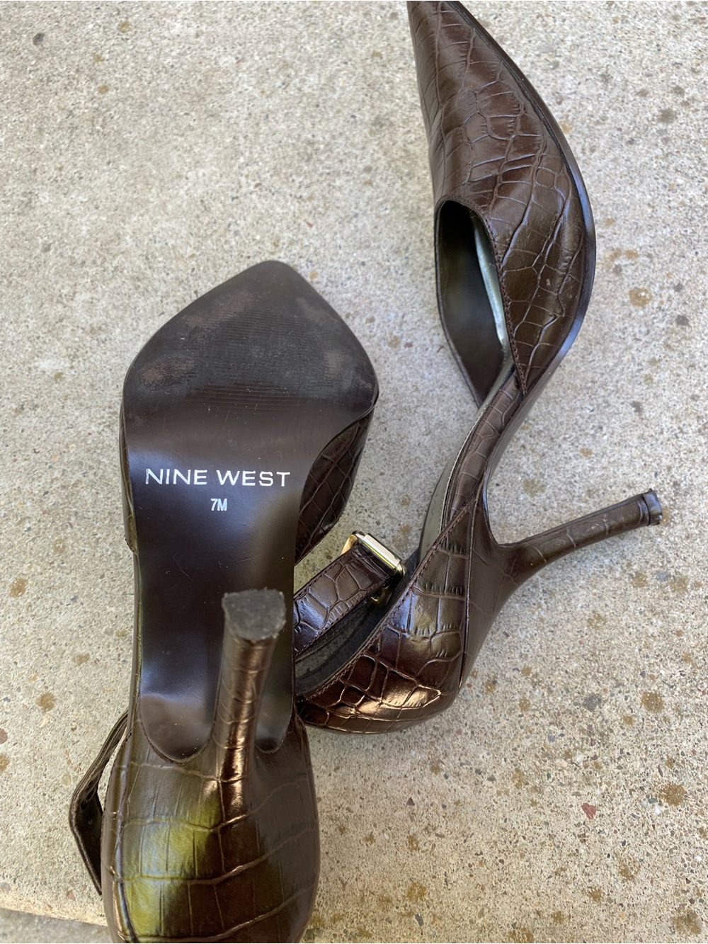 Nine West Brown Croc-Embossed Pointed Toe Ankle-Strap Pumps - Picture 3 of 3